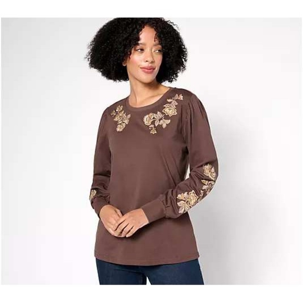Driftwood Jeans Clare Embroidered Floral Brown Cotton Boho Top Women's XL
